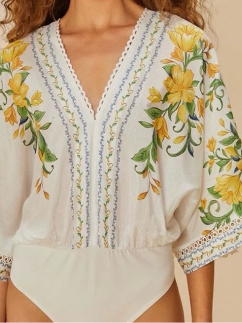 FARM Rio White Bodysuit with Yellow Floral Embroidery